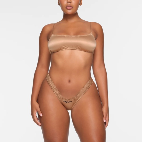 Skims Sleepover Satin Bralette and Hipster Set in Honey - Picture 1 of 4